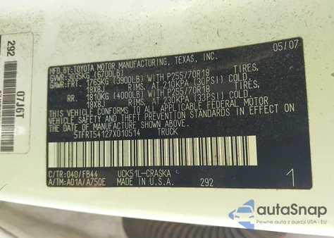 2007 Toyota Tundra Sr5 4.7L V8 из США, поврежденный, VIN 5TFRT54127X010514